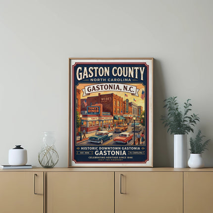 Gastonia North Carolina vintage travel poster with historic buildings and cars.