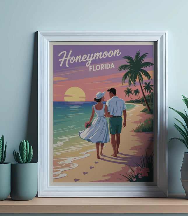 Retro Honeymoon Florida poster with couple walking on beach at sunset