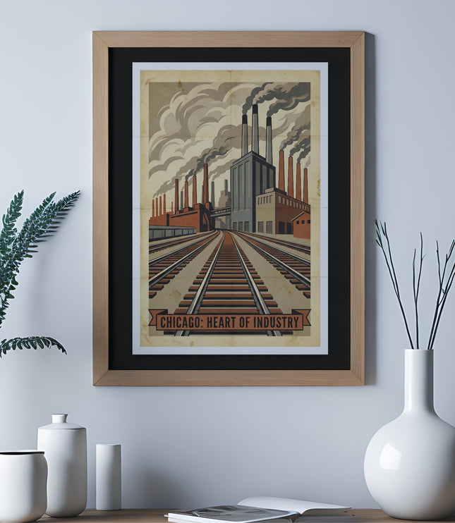 Vintage poster of industrial Chicago with train tracks and smokestacks, "Chicago: Heart of Industry".