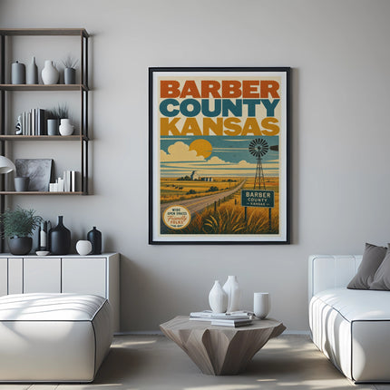 Barber County Kansas vintage travel poster with windmill and sun.