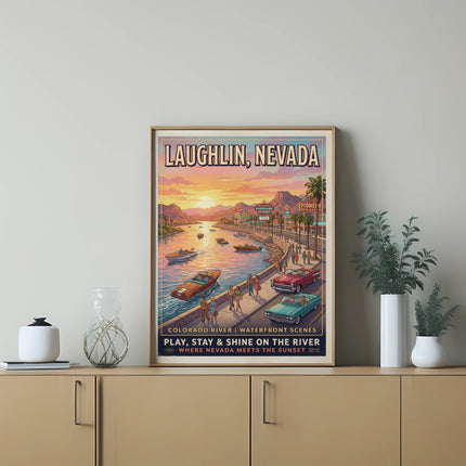 Laughlin, Nevada vintage travel poster with boats on the Colorado River at sunset.