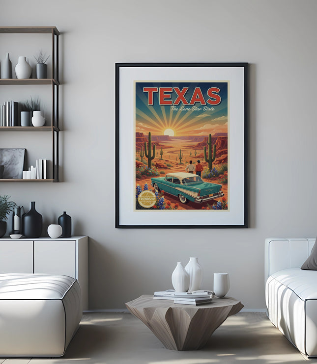Poster with "Texas The Lone Star State" text featuring a vintage car, desert, and sunset scene.