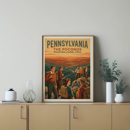 Vintage Pennsylvania Poconos Mountain Trail poster with hikers.