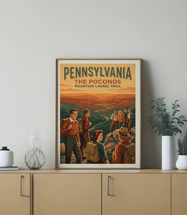 Vintage Pennsylvania Poconos Mountain Trail poster with hikers.