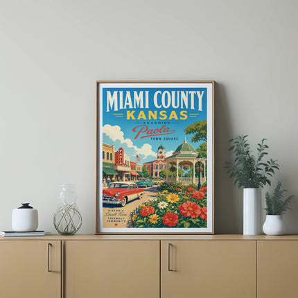 Miami County, Kansas Charming Paola Town Square vintage travel poster.