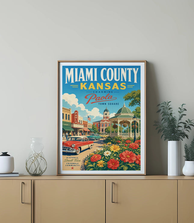Miami County, Kansas Charming Paola Town Square vintage travel poster.