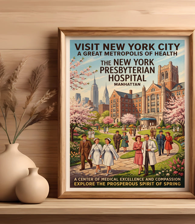 Vintage poster of New York Presbyterian Hospital in Manhattan with cityscape and people.