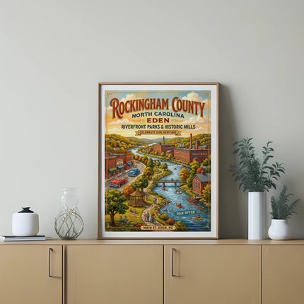 Rockingham County, Eden, North Carolina vintage travel poster with river and mills.