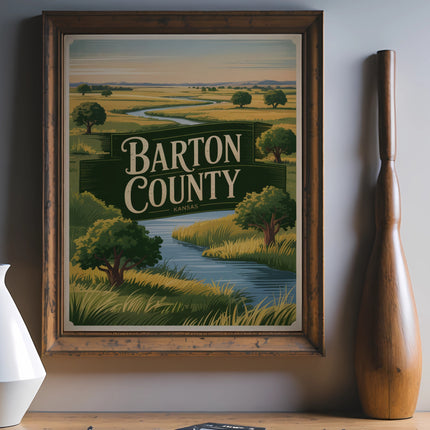 Vintage Barton County Kansas travel poster with landscape and river.