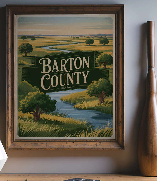 Vintage Barton County Kansas travel poster with landscape and river.