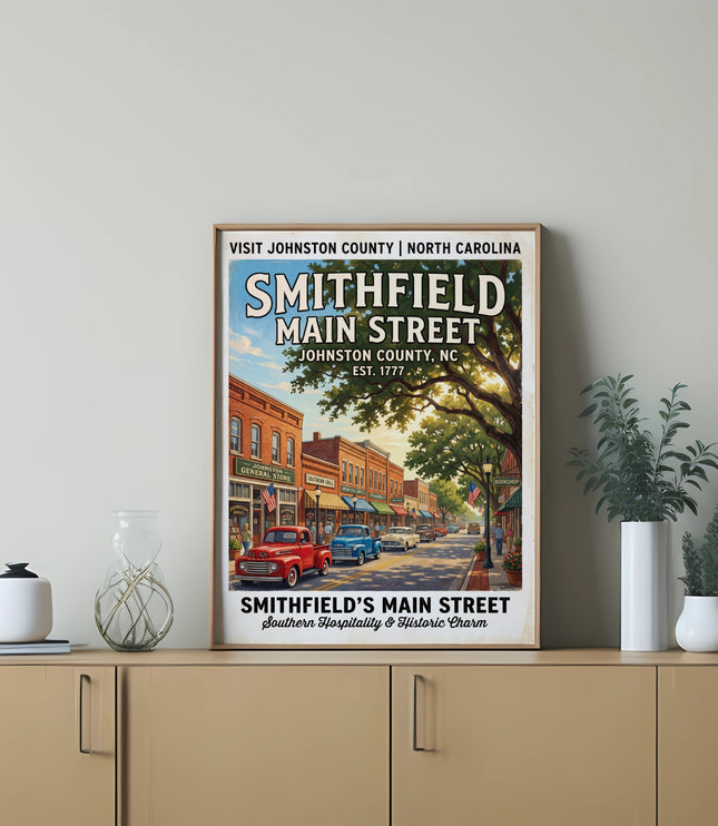 Vintage poster of Smithfield Main Street, Johnston County, NC, featuring cars and shops.