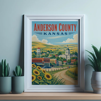 Framed vintage travel poster of Anderson County, Kansas with sunflowers.
