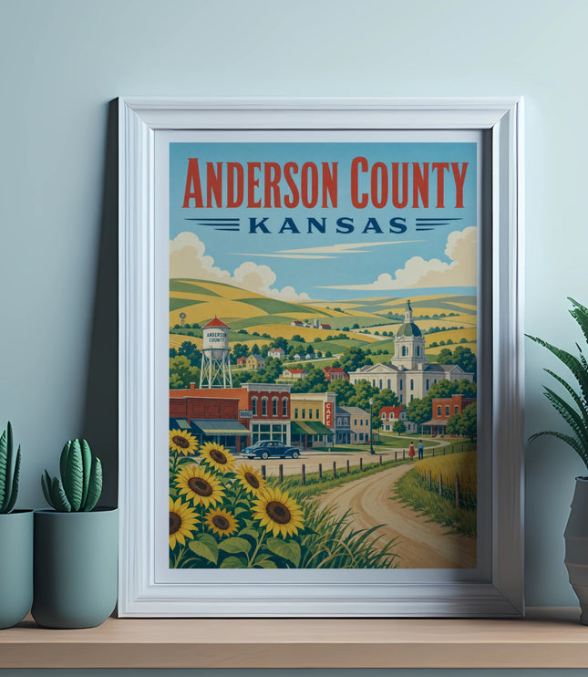 Framed vintage travel poster of Anderson County, Kansas with sunflowers.