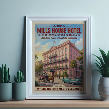 Vintage poster of The Mills House Hotel, Charleston, South Carolina: Est. 1853, Where History Meets Elegance.