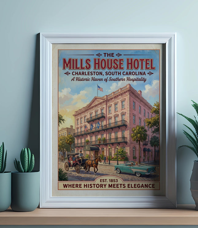 Vintage poster of The Mills House Hotel, Charleston, South Carolina: Est. 1853, Where History Meets Elegance.