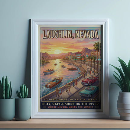 Laughlin, Nevada poster of Colorado River waterfront scenes with vintage cars and boats.