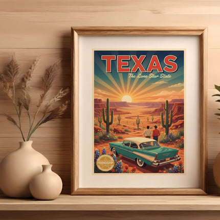 Texas the Lone Star State vintage travel poster with classic car.
