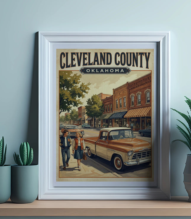 Cleveland County Oklahoma vintage poster with a couple and a classic truck.