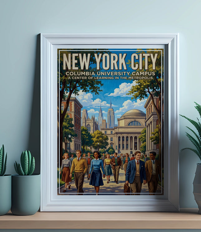 Vintage New York City travel poster with Columbia University Campus illustration.