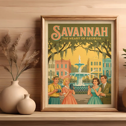 Framed vintage travel poster of Savannah, Georgia with a couple holding cameras.