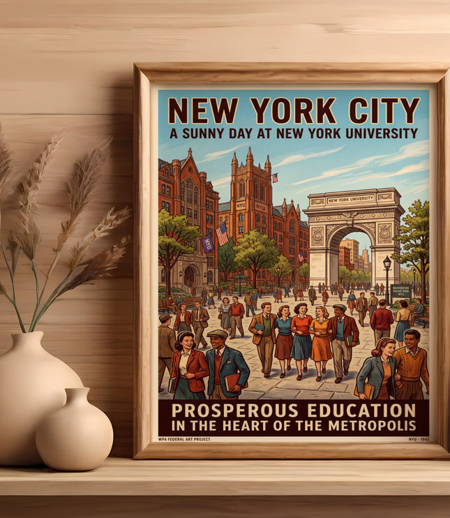 New York City poster: Sunny day at NYU with Washington Square Arch detailed.