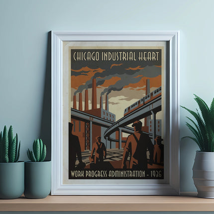 Chicago Industrial Heart poster with figures and cityscape.