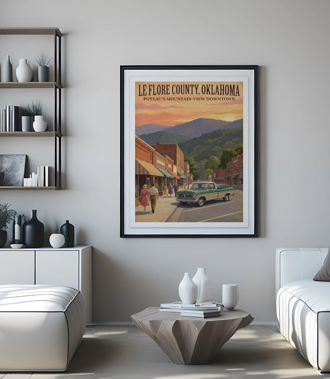Le Flore County, Oklahoma Poteau's Mountain-View Downtown vintage travel poster.