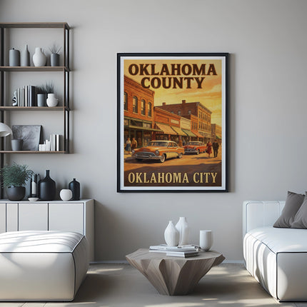 Framed "Oklahoma County Oklahoma City" poster featuring vintage cars on a street.