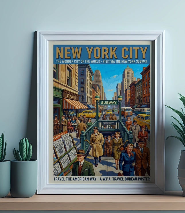 New York City subway poster with people entering stairs, yellow taxis, and buildings.
