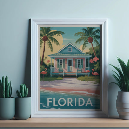 Beach house with flamingos and "Florida" text, framed and on a shelf.