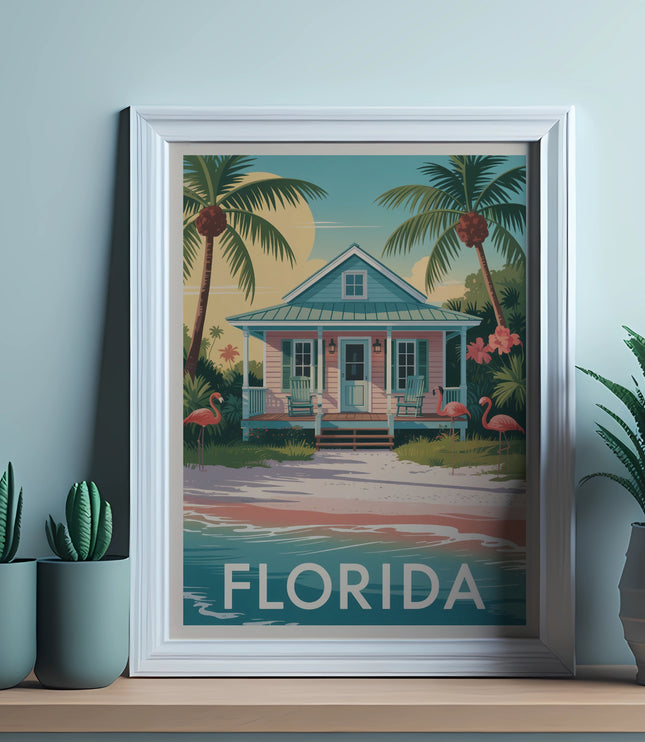Beach house with flamingos and "Florida" text, framed and on a shelf.