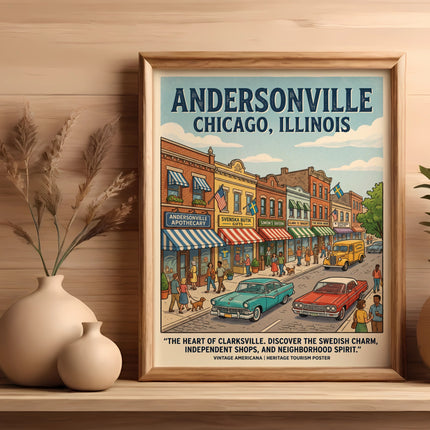Andersonville, Chicago, Illinois vintage travel poster with shops, cars, and people.