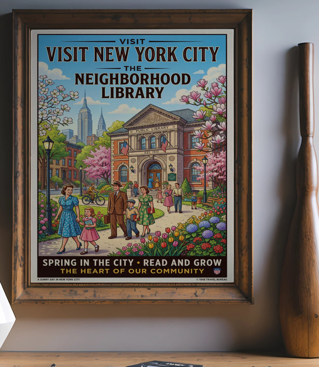 Vintage poster of New York City neighborhood library, with people, flowers, and Empire State Building.