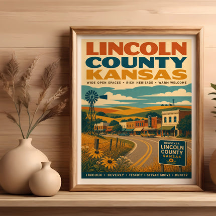 Vintage travel poster for Lincoln County, Kansas with towns and scenic views.