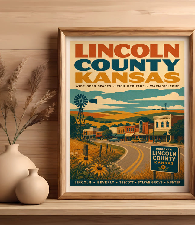 Vintage travel poster for Lincoln County, Kansas with towns and scenic views.