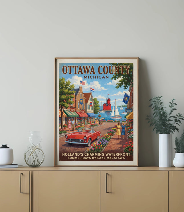 Vintage poster of Holland, Michigan's waterfront with a red car, lighthouse, and sailboats.