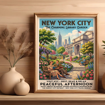 New York City poster with people reading in a garden, reads "Peaceful Afternoon".