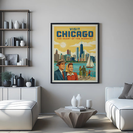 Vintage VISIT CHICAGO poster with cityscape and couple.