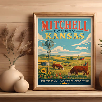 Mitchell County, Kansas, vintage travel poster with cows, windmill, and sunflowers.