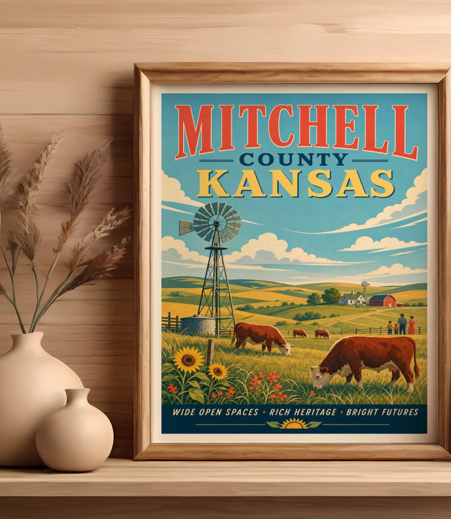 Mitchell County, Kansas, vintage travel poster with cows, windmill, and sunflowers.