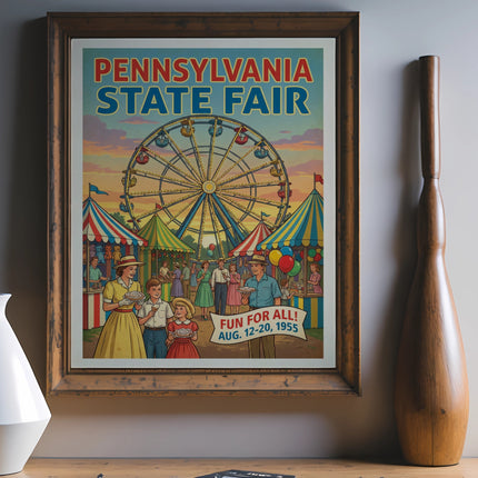 Pennsylvania State Fair poster, August 12-20, 1955, with Ferris wheel and carnival scene.