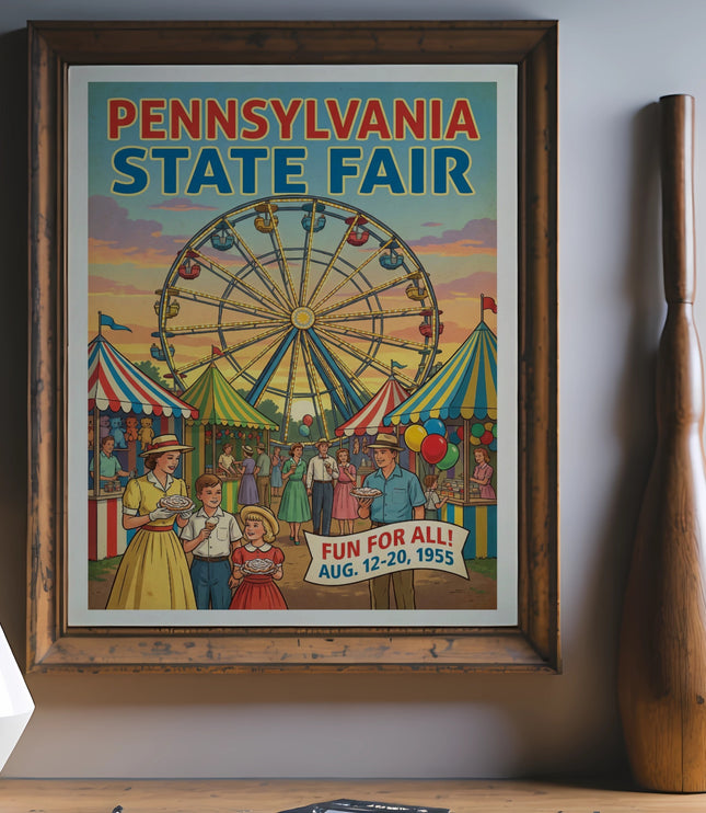 Pennsylvania State Fair poster, August 12-20, 1955, with Ferris wheel and carnival scene.