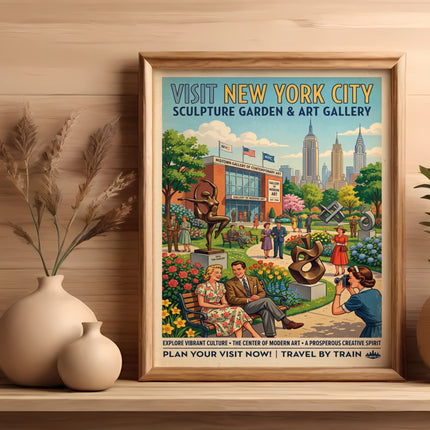 New York City art gallery poster with dancers, sculptures, and city skyline.