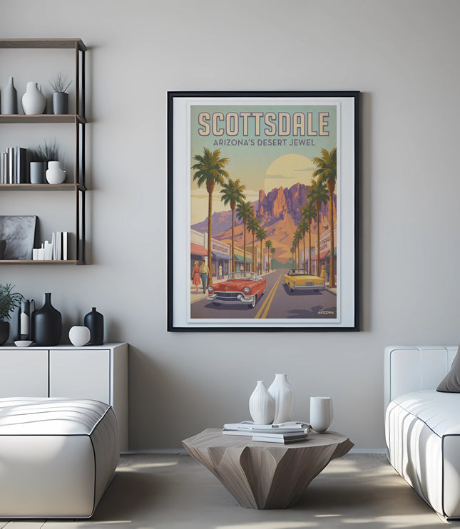 Scottsdale Arizona desert jewel vintage poster with palm trees and cars