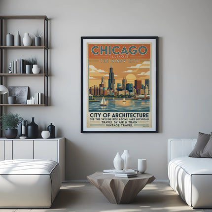 Framed Chicago skyline art with text "The Windy City" and "City of Architecture."