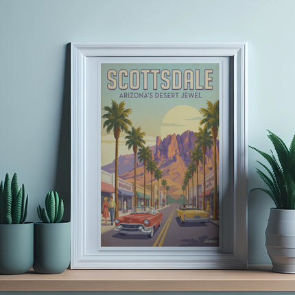 Scottsdale Arizona's Desert Jewel retro travel poster in a white frame.