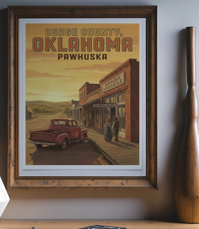Osage County, Oklahoma Pawhuska vintage travel poster with a red truck and mercantile.