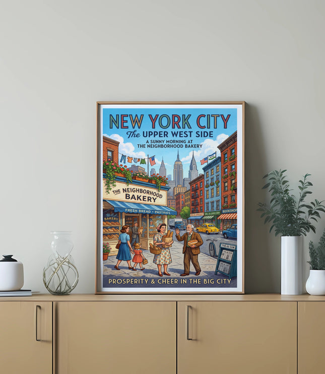 New York City Upper West Side vintage poster with bakery and city skyline.
