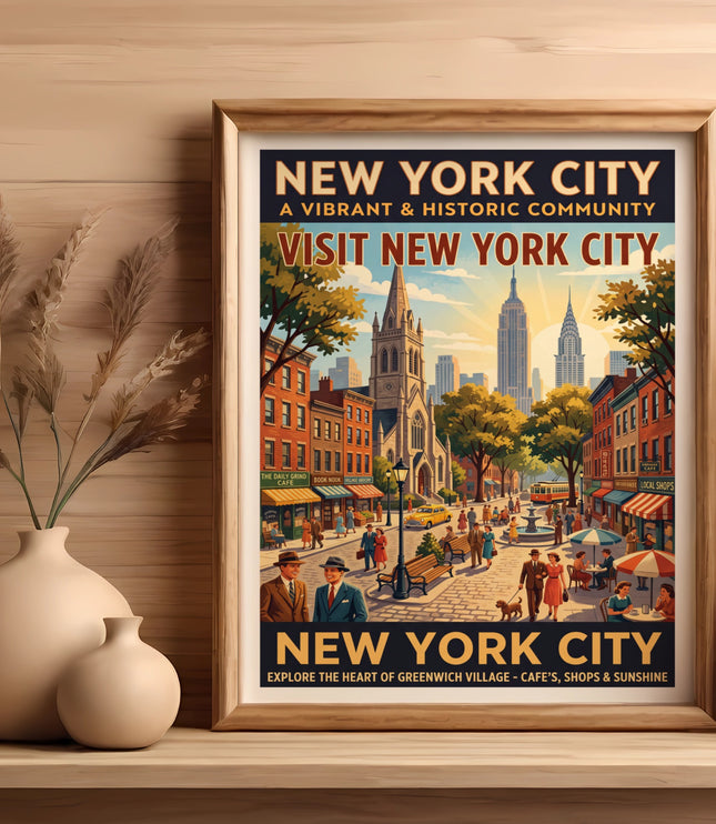 Vintage New York City poster with Empire State Building and people exploring Greenwich Village.