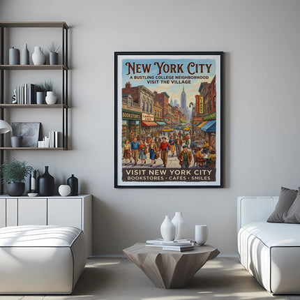 New York City Village travel poster with busy street scene and shop names.